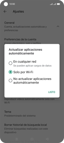 Para activar la actualización automática de apps utilizando la red móvil, pulsa En cualquier red.