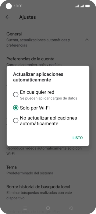Para activar la actualización automática de apps utilizando la red móvil, pulsa En cualquier red.