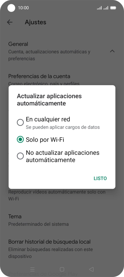 Para activar la actualización automática de apps utilizando la red móvil, pulsa En cualquier red.