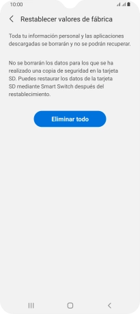 Pulsa Eliminar todo. Espera unos instantes mientras el teléfono restablece la configuración predeterminada. Sigue las indicaciones de la pantalla para configurar el teléfono y dejarlo listo para su uso.