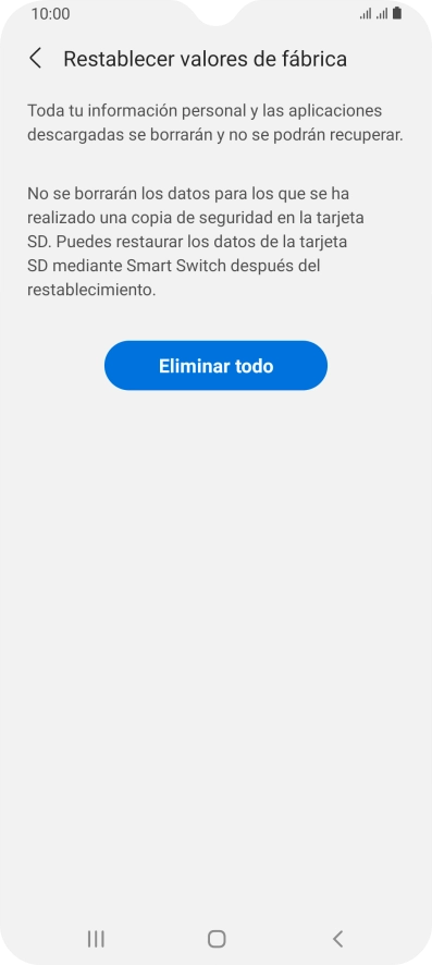 Pulsa Eliminar todo. Espera unos instantes mientras el teléfono restablece la configuración predeterminada. Sigue las indicaciones de la pantalla para configurar el teléfono y dejarlo listo para su uso.