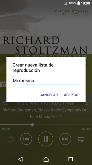 Introduce el nombre deseado de la lista de reproducción y pulsa ACEPTAR. Introduce el nombre deseado de la lista de reproducción y pulsa ACEPTAR.