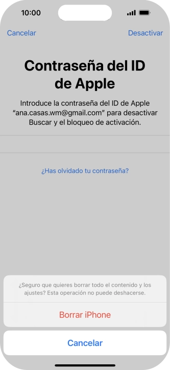 Introduce la contraseña de tu ID de Apple y pulsa Borrar iPhone. Espera unos instantes mientras el teléfono restablece la configuración predeterminada. Sigue las indicaciones de la pantalla para configurar el teléfono y dejarlo listo para su uso.