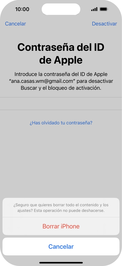 Introduce la contraseña de tu ID de Apple y pulsa Borrar iPhone. Espera unos instantes mientras el teléfono restablece la configuración predeterminada. Sigue las indicaciones de la pantalla para configurar el teléfono y dejarlo listo para su uso.