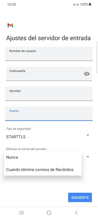 Pulsa Nunca para conservar los correos electrónicos en el servidor cuando los borras del teléfono.