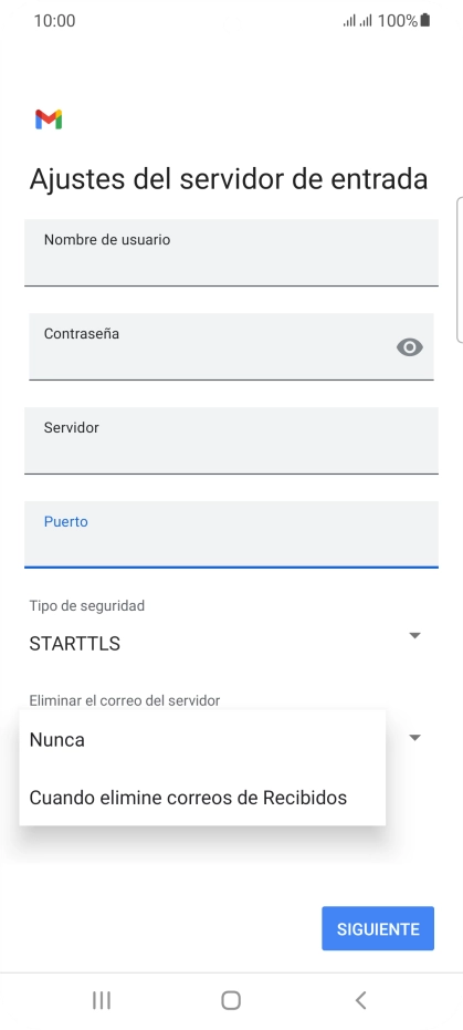 Pulsa Nunca para conservar los correos electrónicos en el servidor cuando los borras del teléfono.