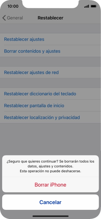 Pulsa Borrar iPhone. Espera unos instantes mientras el teléfono restablece la configuración predeterminada. Sigue las indicaciones de la pantalla para configurar el teléfono y dejarlo listo para su uso.