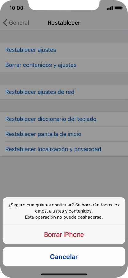 Pulsa Borrar iPhone. Espera unos instantes mientras el teléfono restablece la configuración predeterminada. Sigue las indicaciones de la pantalla para configurar el teléfono y dejarlo listo para su uso.