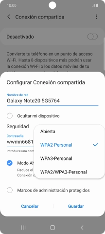 Pulsa WPA2-Personal para proteger la conexión wifi con una contraseña.