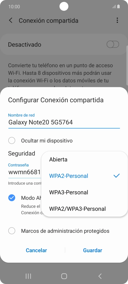 Pulsa WPA2-Personal para proteger la conexión wifi con una contraseña.