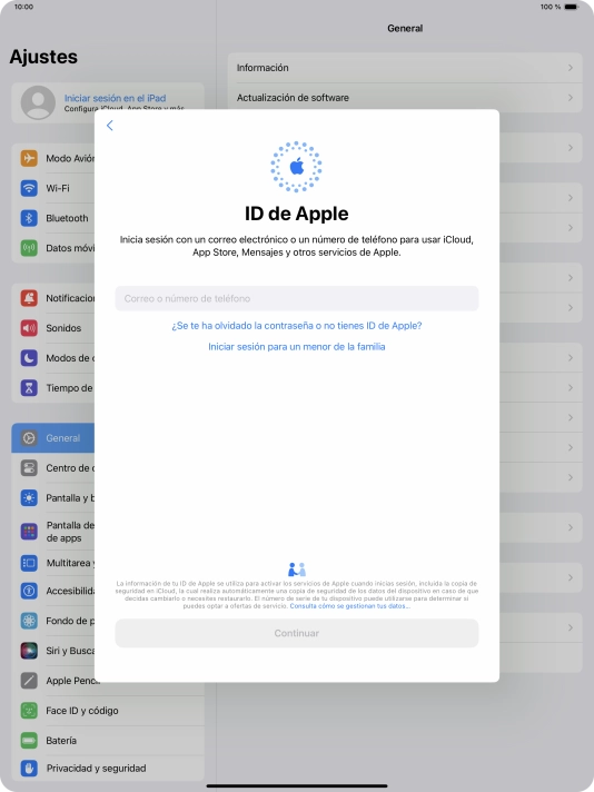 Si no tienes un ID de Apple, pulsa ¿Se te ha olvidado la contraseña o no tienes ID de Apple? y sigue las indicaciones de la pantalla para ver cómo crear un ID de Apple.