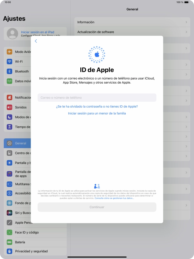 Si no tienes un ID de Apple, pulsa ¿Se te ha olvidado la contraseña o no tienes ID de Apple? y sigue las indicaciones de la pantalla para ver cómo crear un ID de Apple.