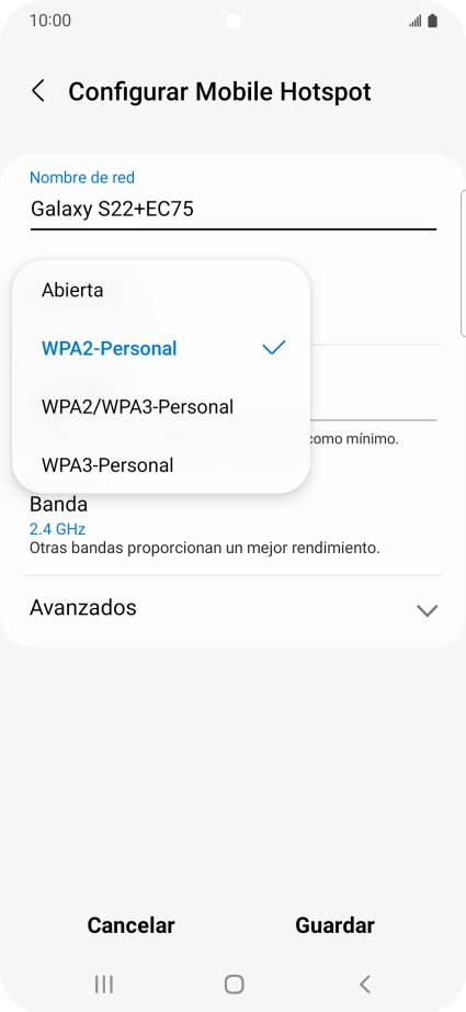 Pulsa WPA3-Personal para proteger la conexión wifi con una contraseña.