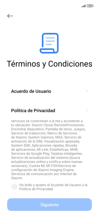 Pulsa en el campo  para aceptar los términos y condiciones.