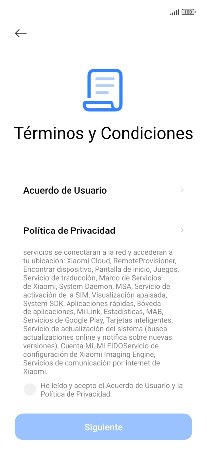 Pulsa en el campo  para aceptar los términos y condiciones.