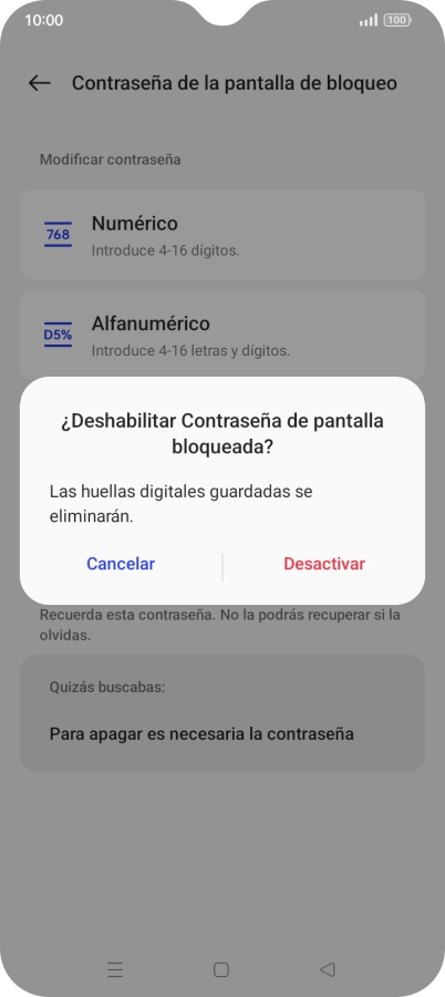 Pulsa Desactivar e introduce el código de seguridad extra que has creado anteriormente.