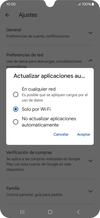 Para activar la actualización automática de apps utilizando la red móvil, pulsa En cualquier red.