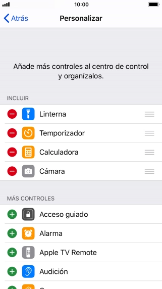 Pulsa el icono de eliminar junto a la función deseada para eliminarla del Centro de control.