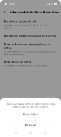 Pulsa Borrar datos. Espera unos instantes mientras el teléfono restablece la configuración predeterminada. Sigue las indicaciones de la pantalla para configurar el teléfono y dejarlo listo para su uso.