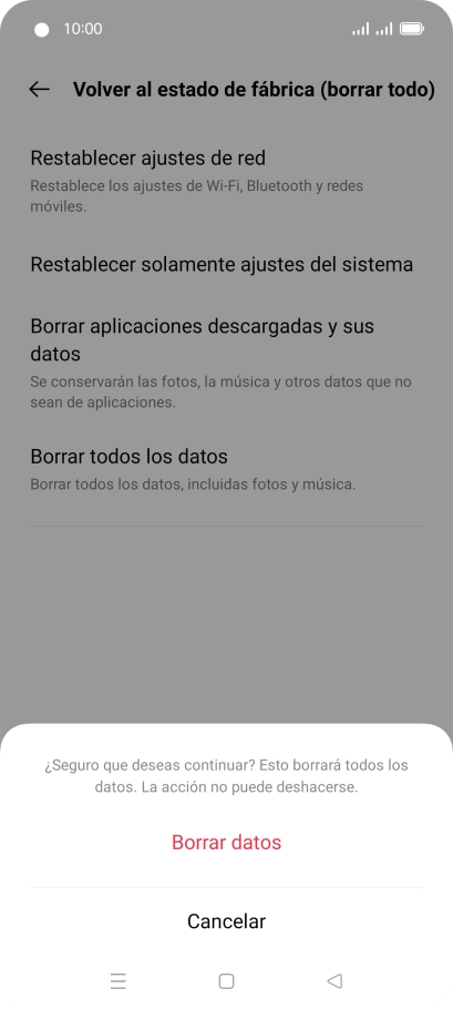 Pulsa Borrar datos. Espera unos instantes mientras el teléfono restablece la configuración predeterminada. Sigue las indicaciones de la pantalla para configurar el teléfono y dejarlo listo para su uso.