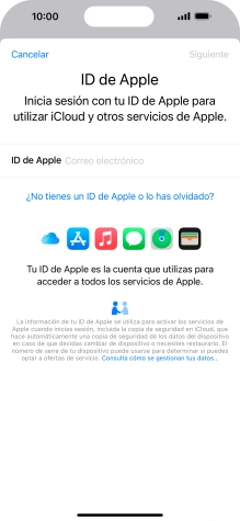 Si no tienes un ID de Apple, pulsa ¿No tienes un ID de Apple o lo has olvidado? y sigue las indicaciones de la pantalla para ver cómo crear un ID de Apple.