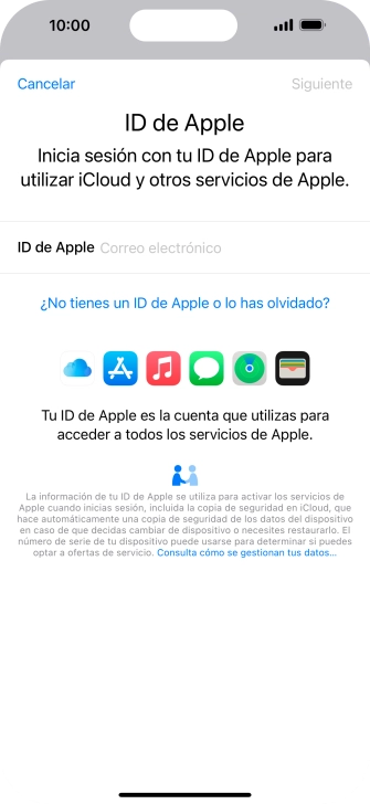 Si no tienes un ID de Apple, pulsa ¿No tienes un ID de Apple o lo has olvidado? y sigue las indicaciones de la pantalla para ver cómo crear un ID de Apple.