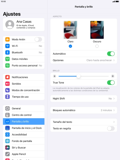 Si activas la función, pulsa Opciones y sigue las indicaciones de la pantalla para seleccionar el período de tiempo que debe durar el Modo Oscuro.