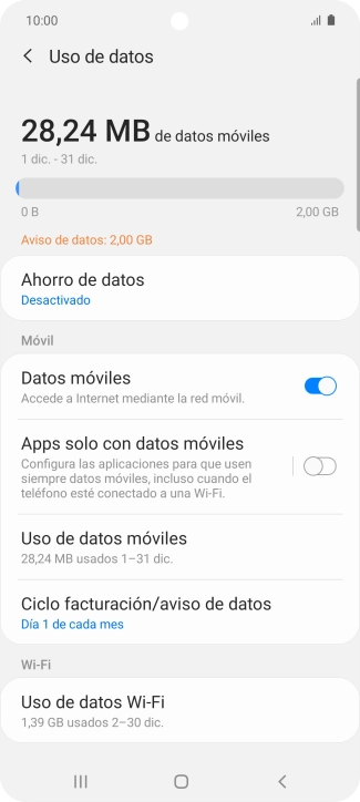 El consumo total de datos se visualiza ahora en la pantalla.