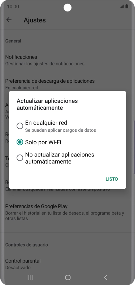 Para activar la actualización automática de apps utilizando la red móvil, pulsa En cualquier red.