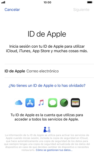 Si no tienes un ID de Apple, pulsa ¿No tienes un ID de Apple o lo has olvidado? y sigue las indicaciones de la pantalla para ver cómo crear un ID de Apple.