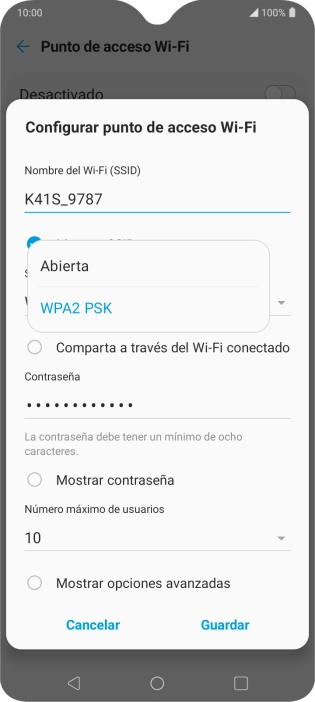 Pulsa WPA2 PSK para proteger la conexión wifi con una contraseña.