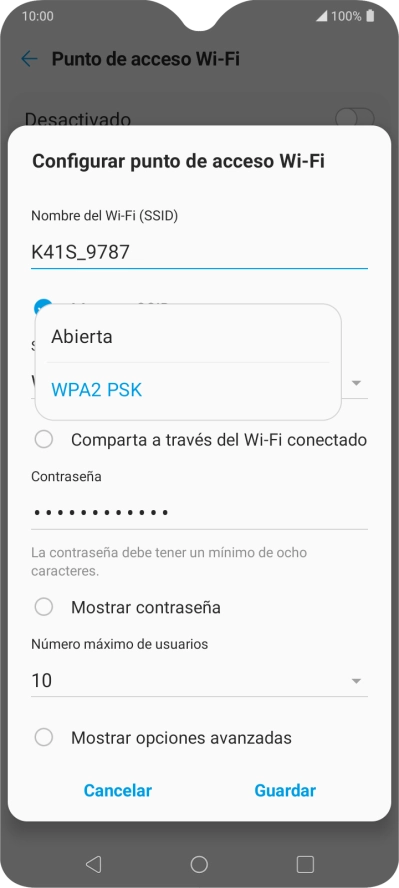 Pulsa WPA2 PSK para proteger la conexión wifi con una contraseña.