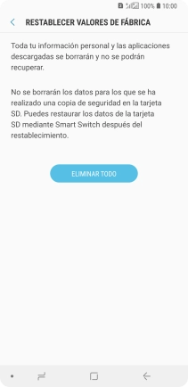 Pulsa ELIMINAR TODO. Espera unos instantes mientras el teléfono restablece la configuración predeterminada. Sigue las indicaciones de la pantalla para configurar el teléfono y dejarlo listo para su uso. Pulsa ELIMINAR TODO. Espera unos instantes mientras el teléfono restablece la configuración predeterminada. Sigue las indicaciones de la pantalla para configurar el teléfono y dejarlo listo para su uso.
