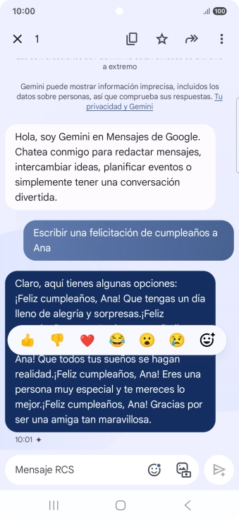 Pulsa la propuesta de texto de Gemini durante unos instantes. Sigue las indicaciones de la pantalla para utilizar el texto propuesto.