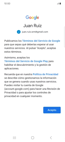 Pulsa Acepto y sigue las indicaciones de la pantalla para seleccionar los ajustes de tu cuenta de Google.
