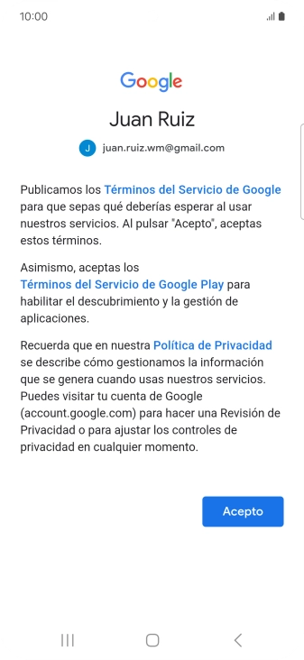 Pulsa Acepto y sigue las indicaciones de la pantalla para seleccionar los ajustes de tu cuenta de Google.