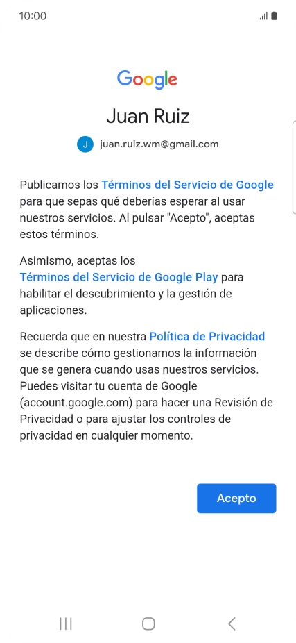 Pulsa Acepto y sigue las indicaciones de la pantalla para seleccionar los ajustes de tu cuenta de Google.