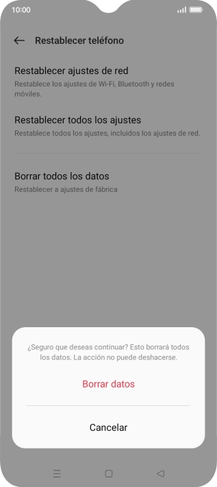 Pulsa Borrar datos. Espera unos instantes mientras el teléfono restablece la configuración predeterminada. Sigue las indicaciones de la pantalla para configurar el teléfono y dejarlo listo para su uso.