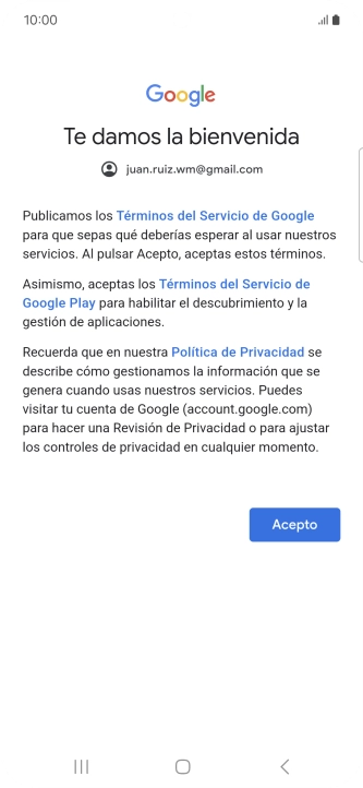 Pulsa Acepto y sigue las indicaciones de la pantalla para seleccionar los ajustes de tu cuenta de Google.