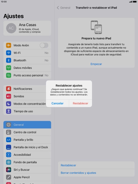 Pulsa Restablecer. Espera unos instantes mientras la tablet restablece la configuración predeterminada. Sigue las indicaciones de la pantalla para configurar la tablet y dejarla lista para su uso.