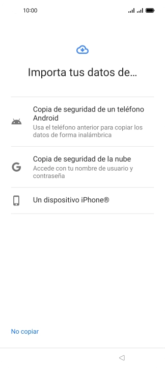 Pulsa el ajuste deseado y sigue las instrucciones de la pantalla para transferir el contenido del otro teléfono.