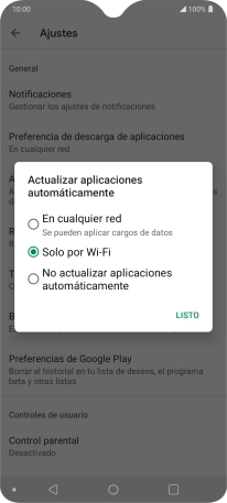 Para activar la actualización automática de apps utilizando la red móvil, pulsa En cualquier red.