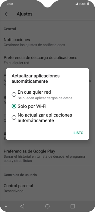 Para activar la actualización automática de apps utilizando la red móvil, pulsa En cualquier red.