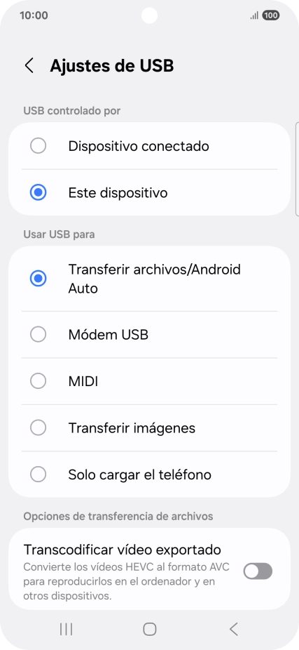 Pulsa Transferir archivos/Android Auto.