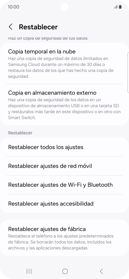 Pulsa Restablecer ajustes de fábrica.