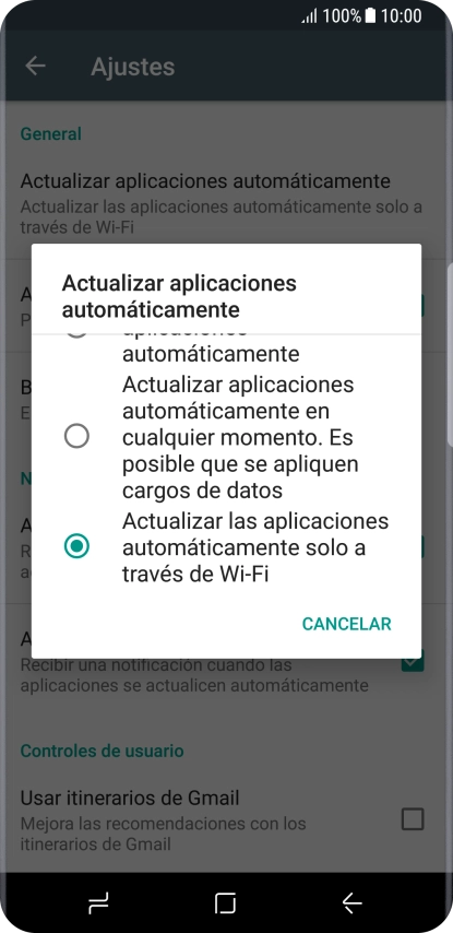 Pulsa Actualizar las aplicaciones automáticamente solo a través de Wi-Fi para activar la función.