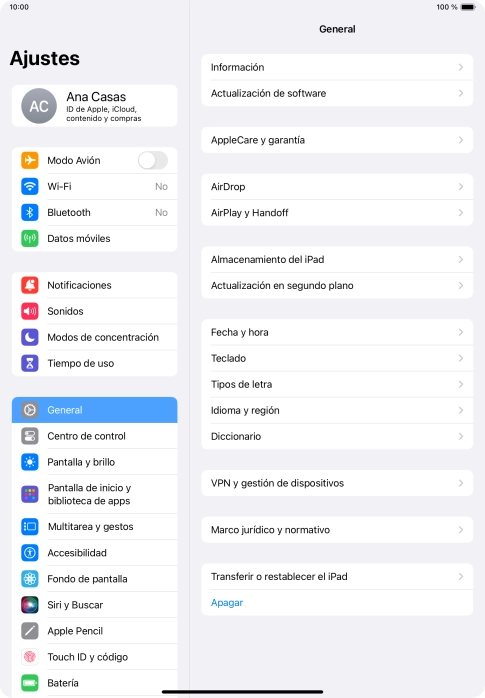 Pulsa Transferir o restablecer el iPad.