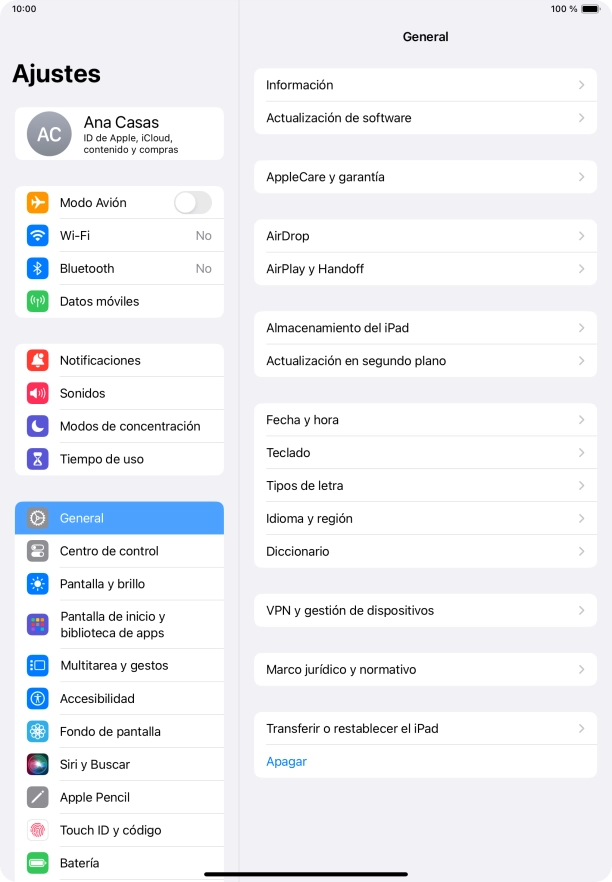 Pulsa Transferir o restablecer el iPad.