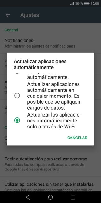 Para activar la actualización automática de apps a través de wifi, pulsa Actualizar las aplicaciones automáticamente solo a través de W-Fi..