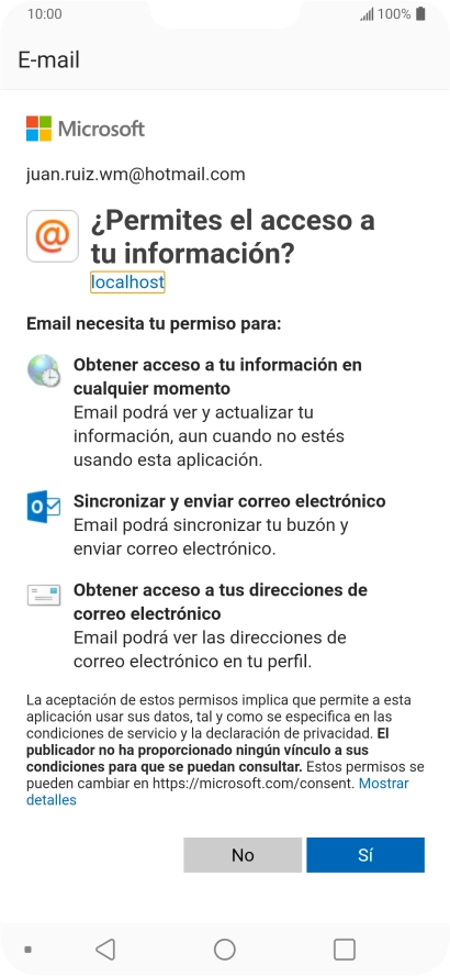 Si aparece en la pantalla esta imagen, tu cuenta de correo electrónico ha sido reconocida y configurada automáticamente. Sigue las indicaciones de la pantalla para introducir más información y terminar la configuración.